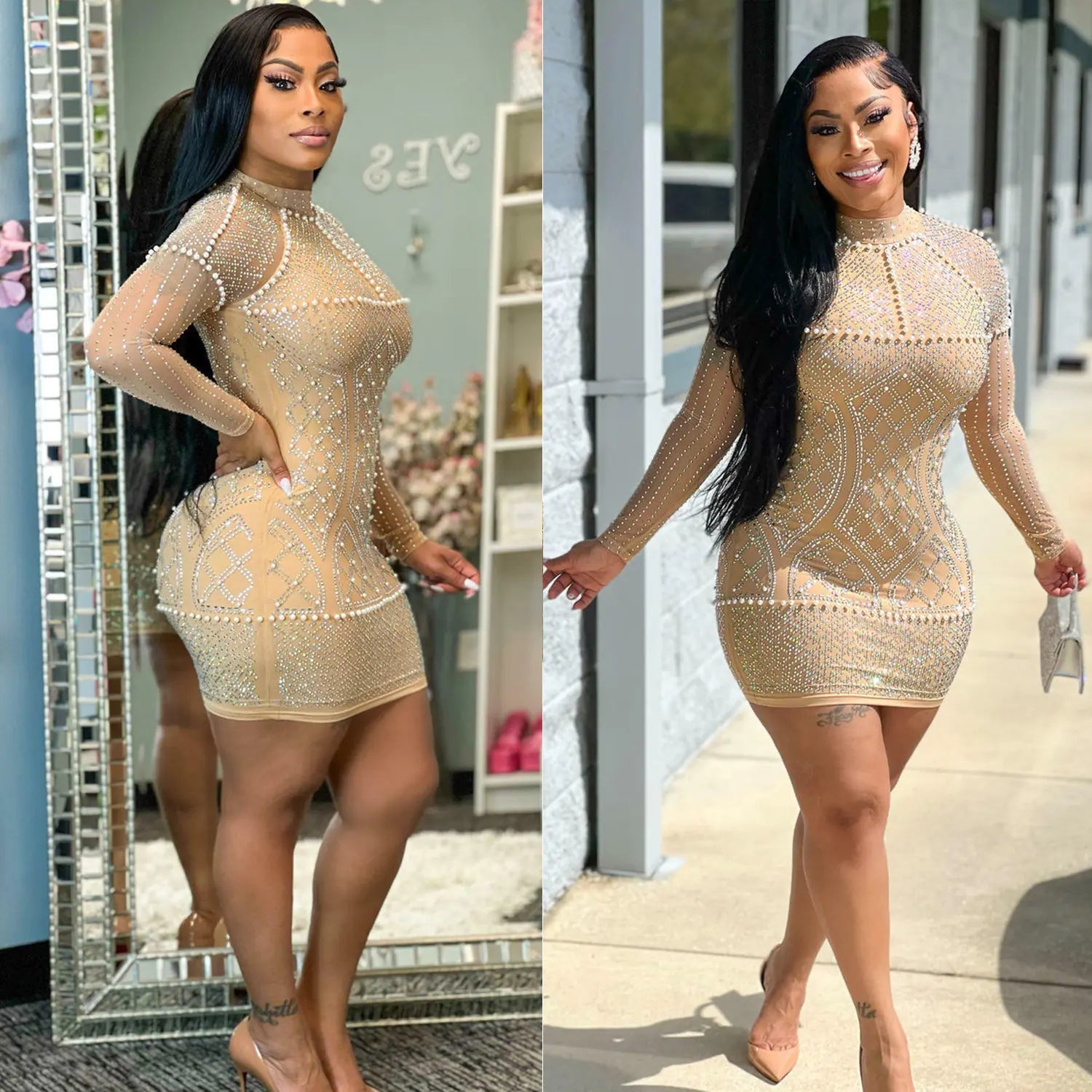 Women's Fashion Rhinestone Mesh Dress - BACKUPMYFILESNOW