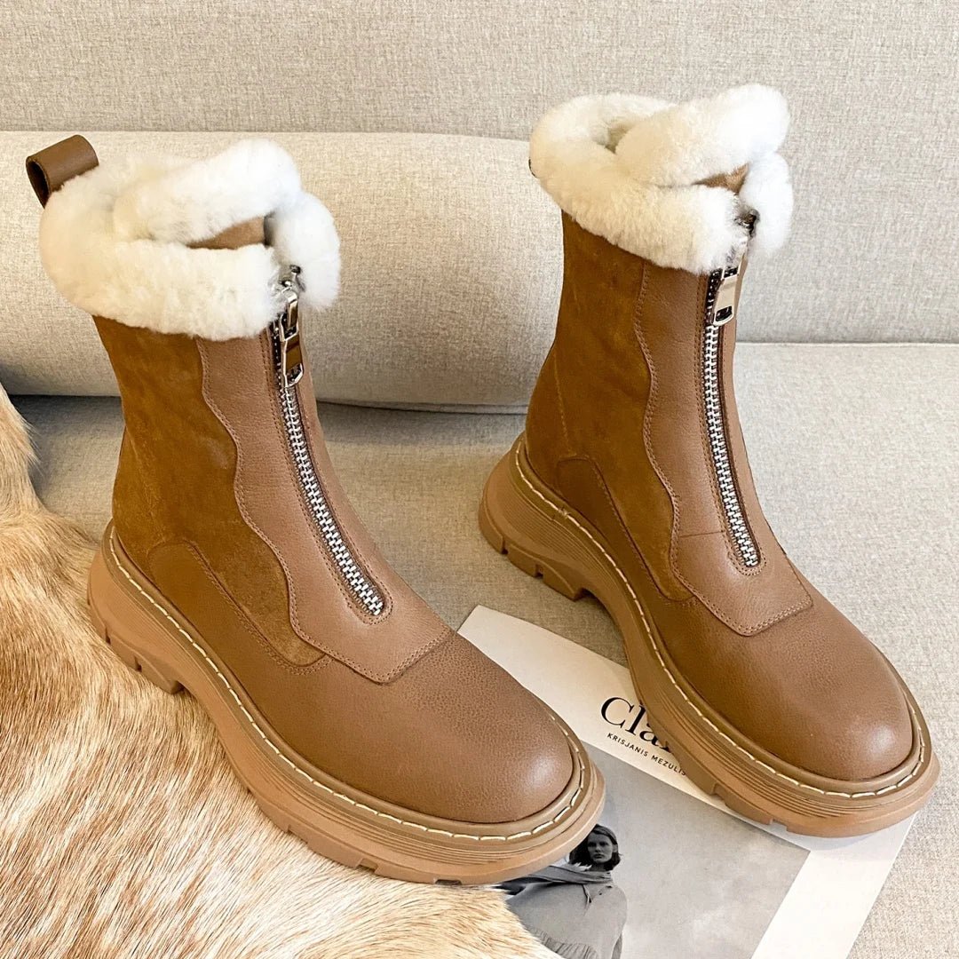 Women's genuine leather patchwork front zip winter ankle snow boots thick sole platform flats clod weather short boots shoes hot - BACKUPMYFILESNOW