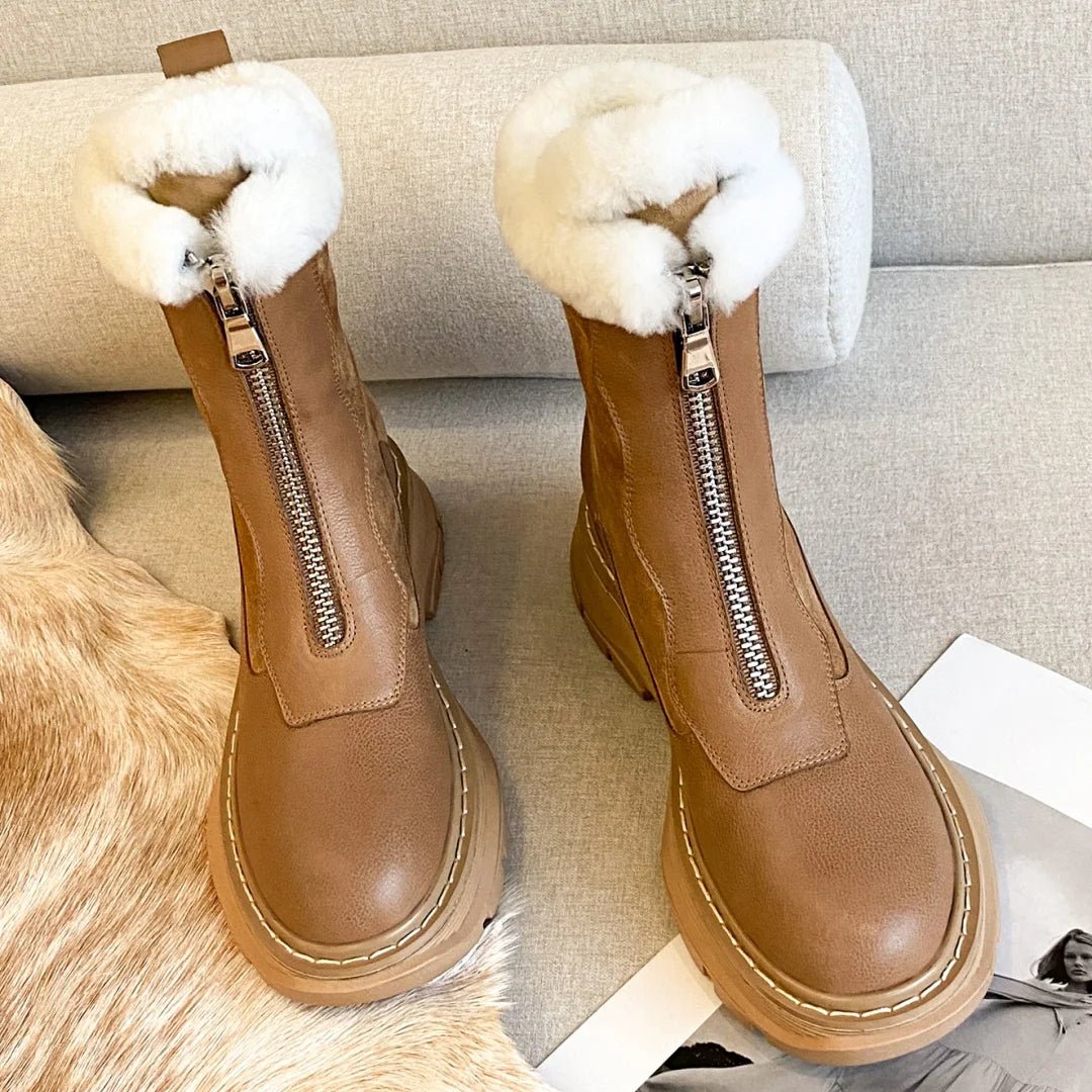 Women's genuine leather patchwork front zip winter ankle snow boots thick sole platform flats clod weather short boots shoes hot - BACKUPMYFILESNOW