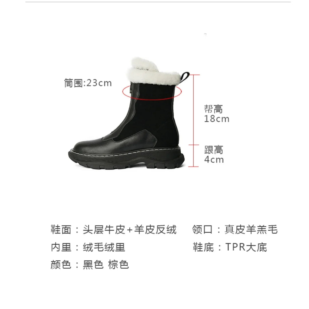 Women's genuine leather patchwork front zip winter ankle snow boots thick sole platform flats clod weather short boots shoes hot - BACKUPMYFILESNOW