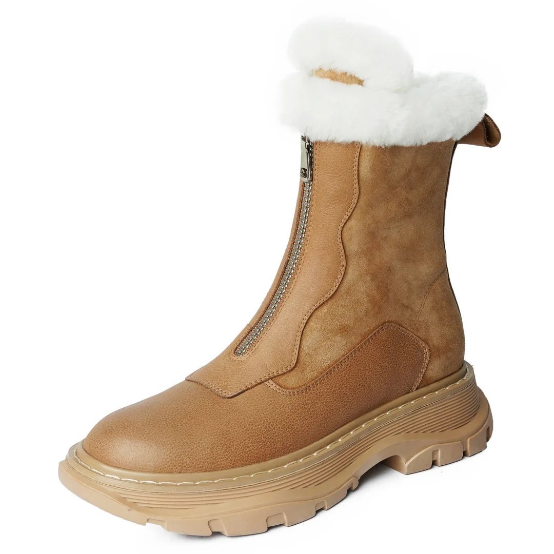 Women's genuine leather patchwork front zip winter ankle snow boots thick sole platform flats clod weather short boots shoes hot - BACKUPMYFILESNOW