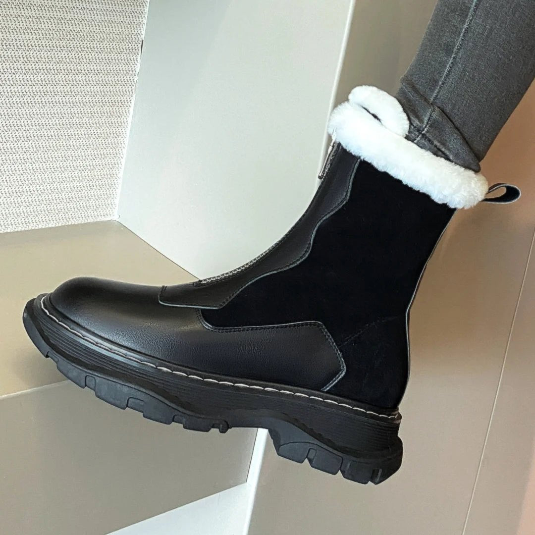 Women's genuine leather patchwork front zip winter ankle snow boots thick sole platform flats clod weather short boots shoes hot - BACKUPMYFILESNOW