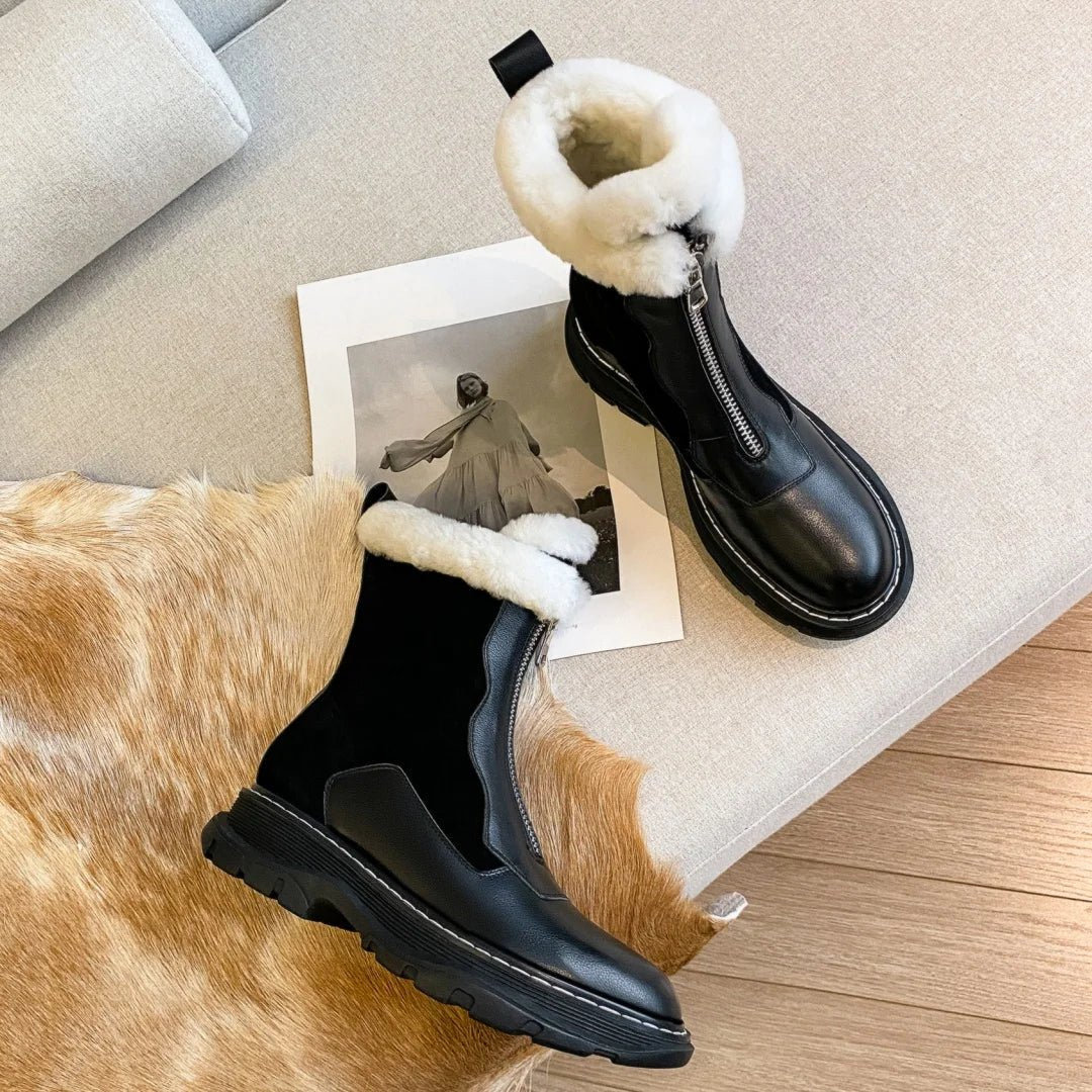 Women's genuine leather patchwork front zip winter ankle snow boots thick sole platform flats clod weather short boots shoes hot - BACKUPMYFILESNOW
