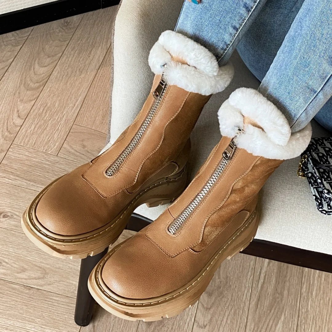 Women's genuine leather patchwork front zip winter ankle snow boots thick sole platform flats clod weather short boots shoes hot - BACKUPMYFILESNOW