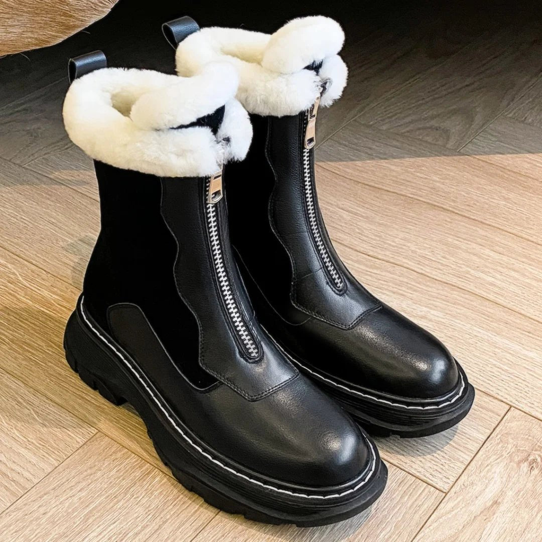 Women's genuine leather patchwork front zip winter ankle snow boots thick sole platform flats clod weather short boots shoes hot - BACKUPMYFILESNOW