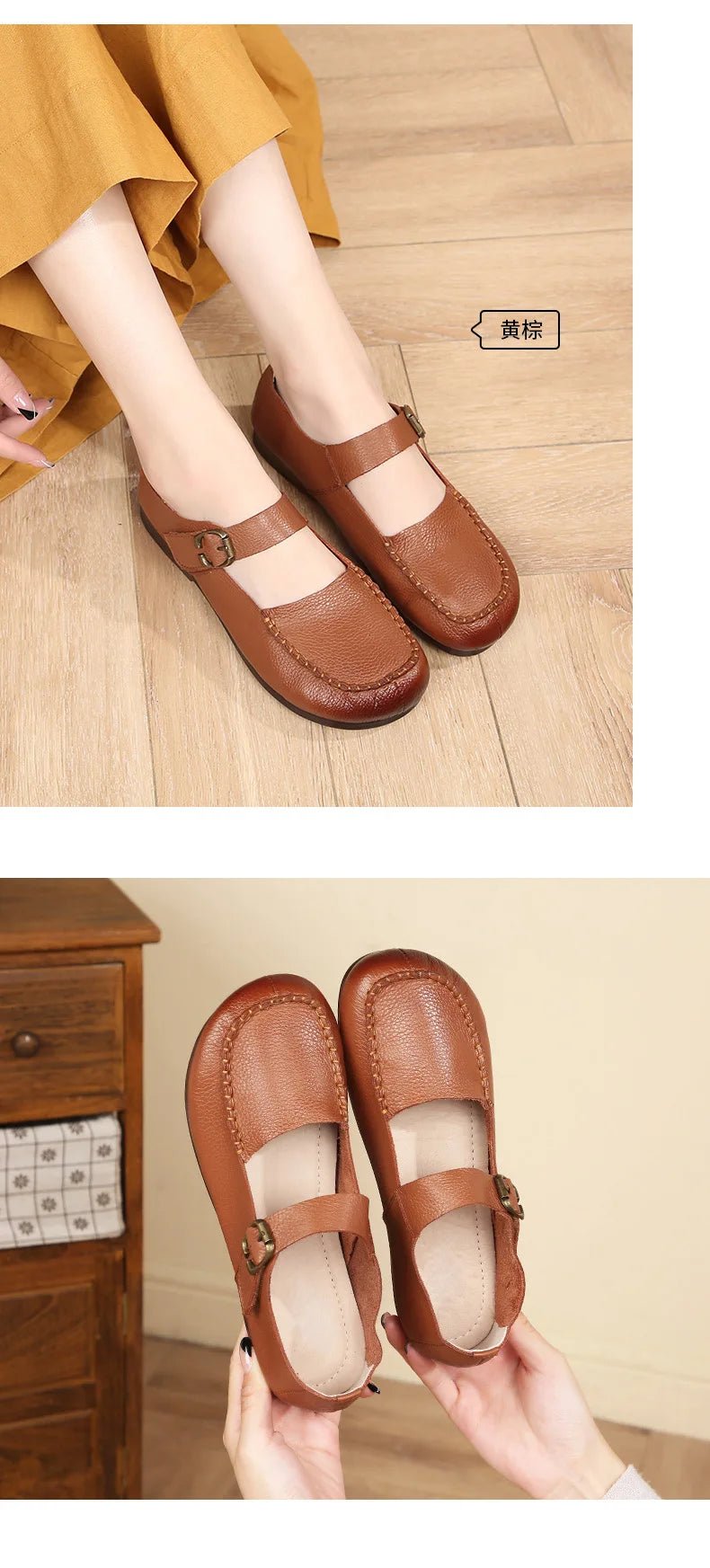 Women's Shoes Round Toe Belt Buckle Ladies Casual Flats Large Size 41 Leather Shoes Women Mary Janes Genuine Leather - BACKUPMYFILESNOW