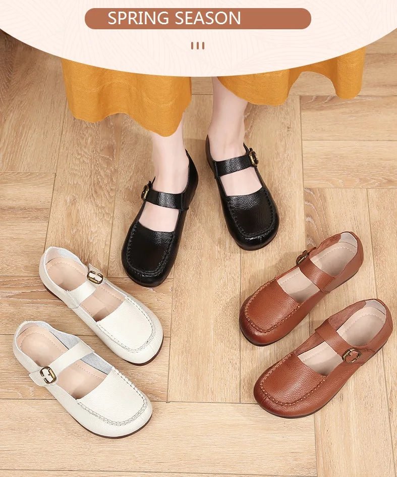 Women's Shoes Round Toe Belt Buckle Ladies Casual Flats Large Size 41 Leather Shoes Women Mary Janes Genuine Leather - BACKUPMYFILESNOW
