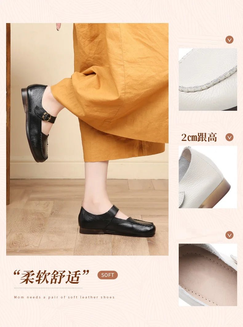 Women's Shoes Round Toe Belt Buckle Ladies Casual Flats Large Size 41 Leather Shoes Women Mary Janes Genuine Leather - BACKUPMYFILESNOW