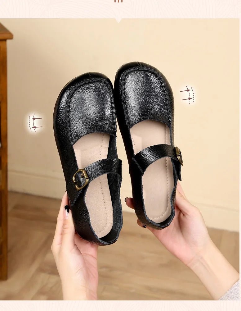 Women's Shoes Round Toe Belt Buckle Ladies Casual Flats Large Size 41 Leather Shoes Women Mary Janes Genuine Leather - BACKUPMYFILESNOW