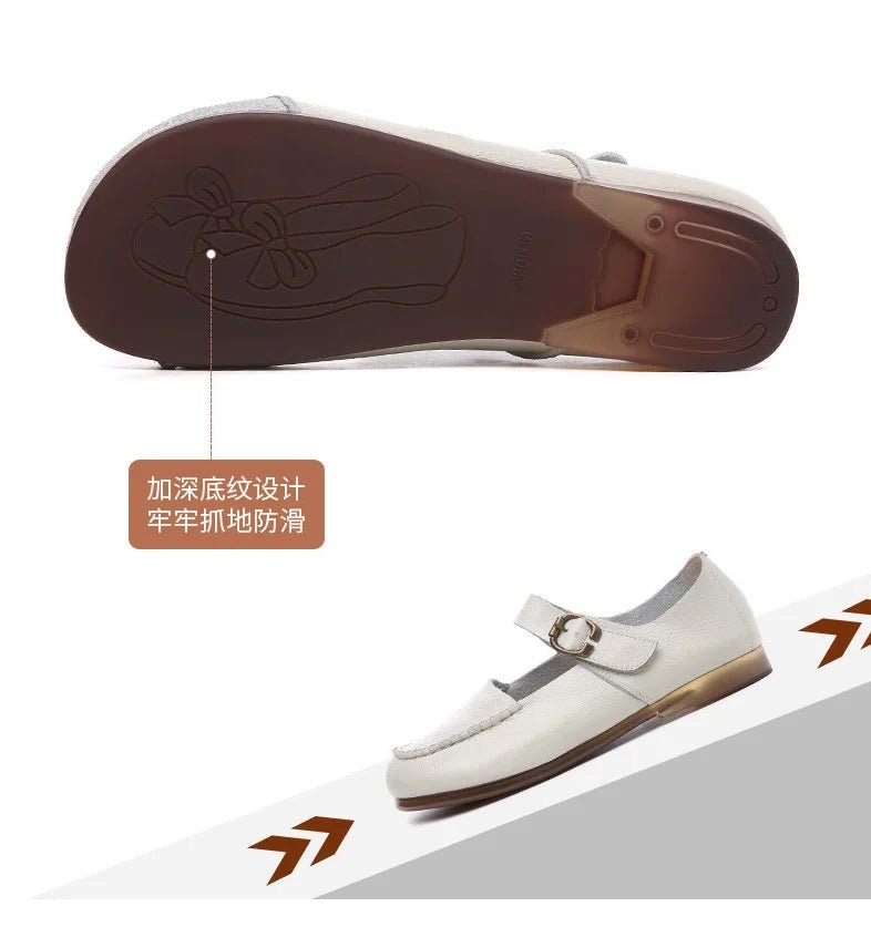 Women's Shoes Round Toe Belt Buckle Ladies Casual Flats Large Size 41 Leather Shoes Women Mary Janes Genuine Leather - BACKUPMYFILESNOW
