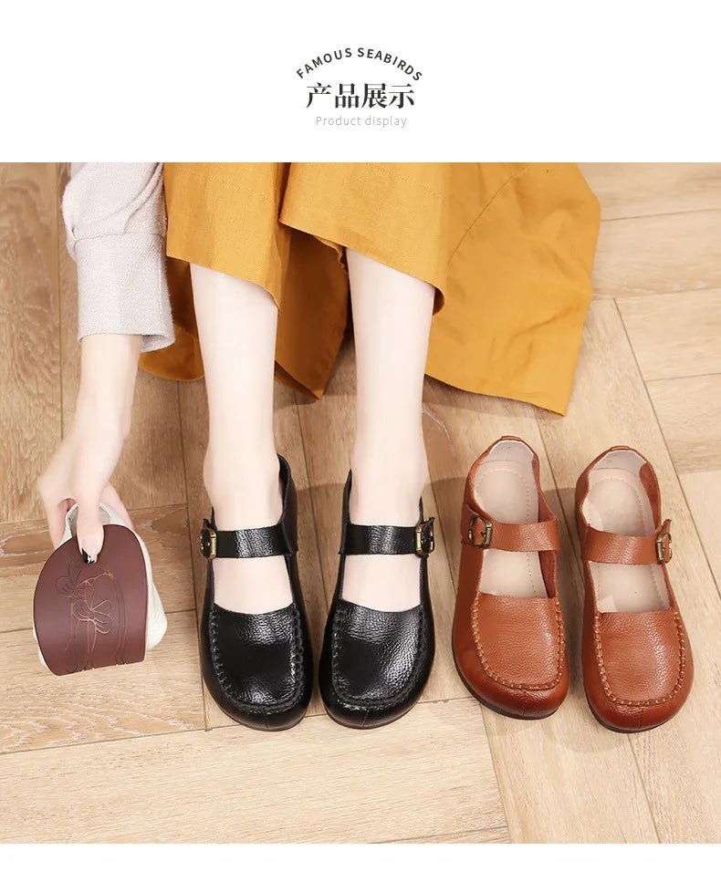 Women's Shoes Round Toe Belt Buckle Ladies Casual Flats Large Size 41 Leather Shoes Women Mary Janes Genuine Leather - BACKUPMYFILESNOW