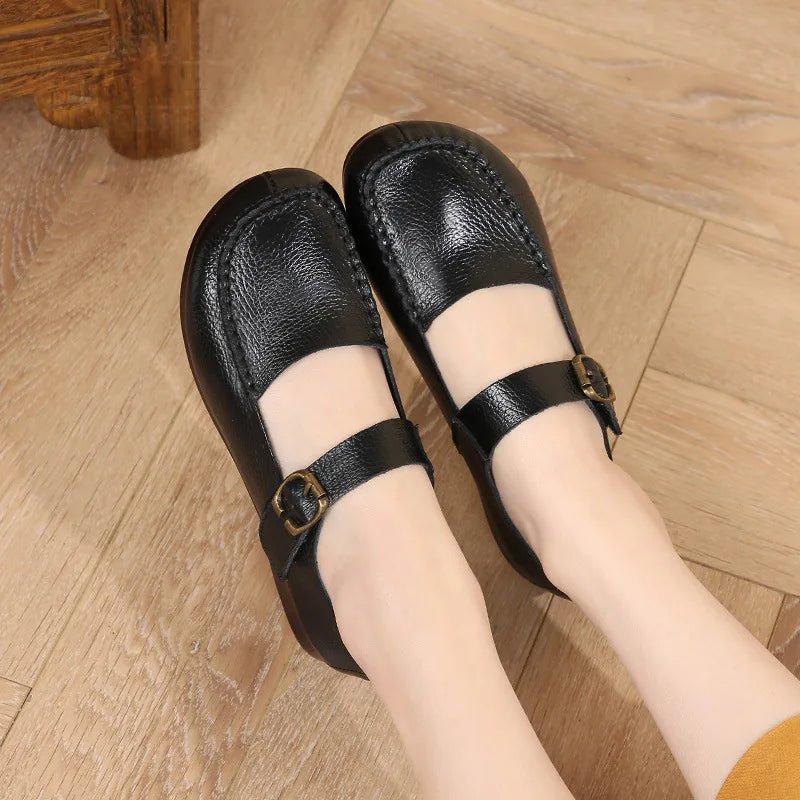 Women's Shoes Round Toe Belt Buckle Ladies Casual Flats Large Size 41 Leather Shoes Women Mary Janes Genuine Leather - BACKUPMYFILESNOW