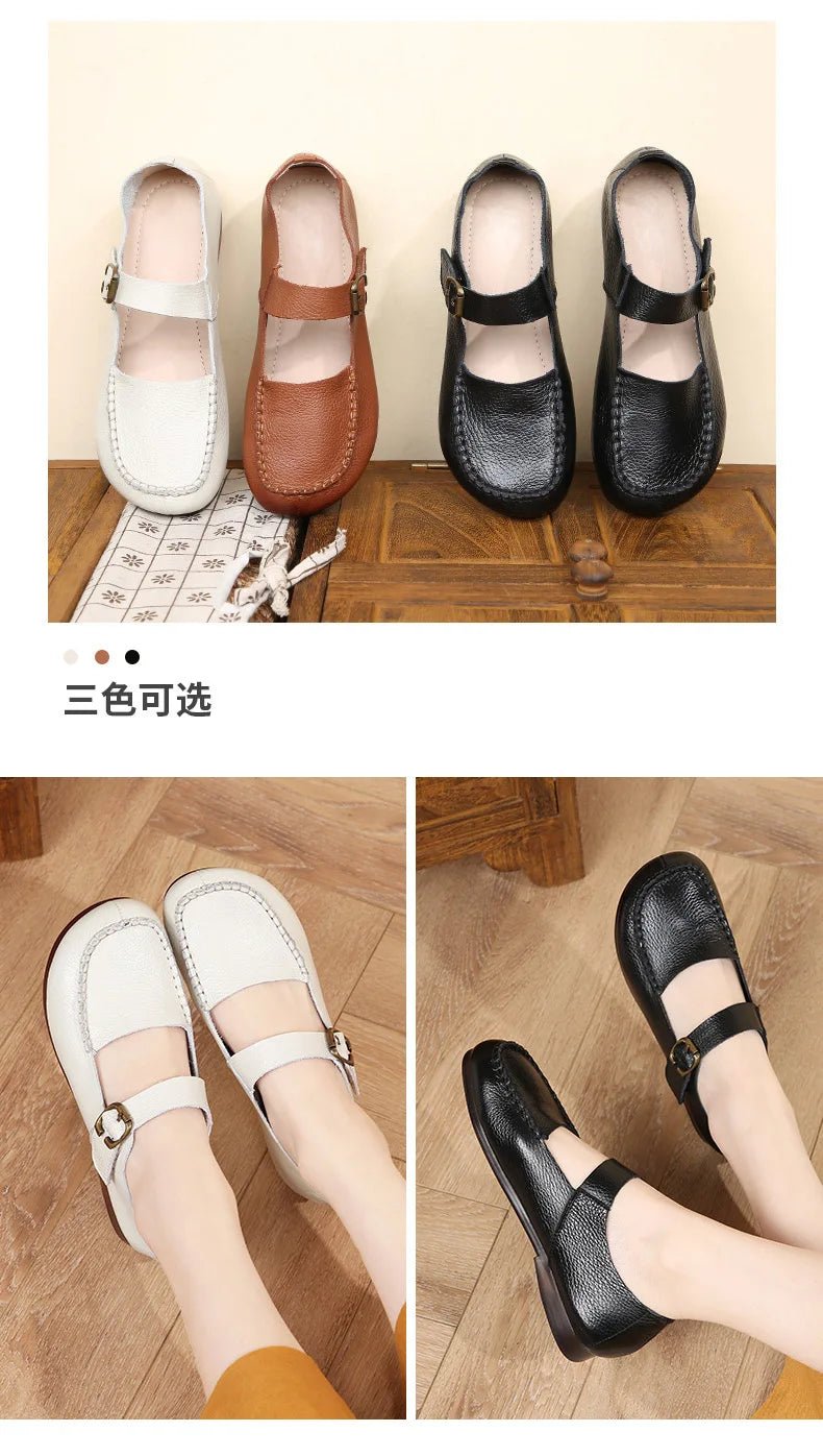Women's Shoes Round Toe Belt Buckle Ladies Casual Flats Large Size 41 Leather Shoes Women Mary Janes Genuine Leather - BACKUPMYFILESNOW