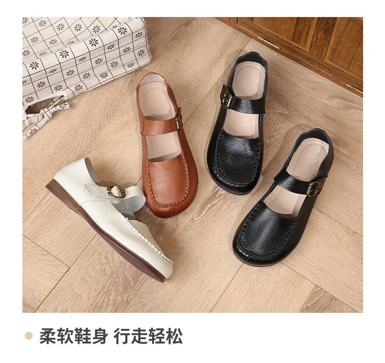 Women's Shoes Round Toe Belt Buckle Ladies Casual Flats Large Size 41 Leather Shoes Women Mary Janes Genuine Leather - BACKUPMYFILESNOW