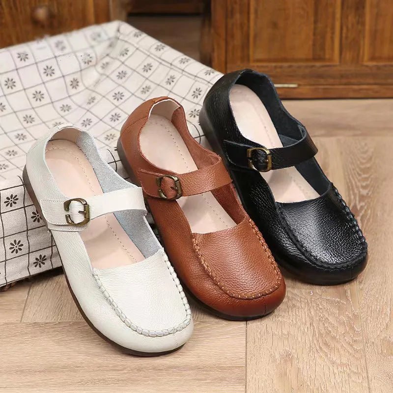Women's Shoes Round Toe Belt Buckle Ladies Casual Flats Large Size 41 Leather Shoes Women Mary Janes Genuine Leather - BACKUPMYFILESNOW