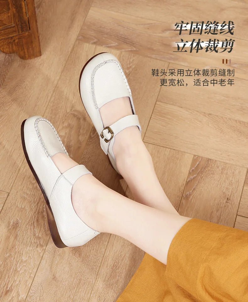 Women's Shoes Round Toe Belt Buckle Ladies Casual Flats Large Size 41 Leather Shoes Women Mary Janes Genuine Leather - BACKUPMYFILESNOW