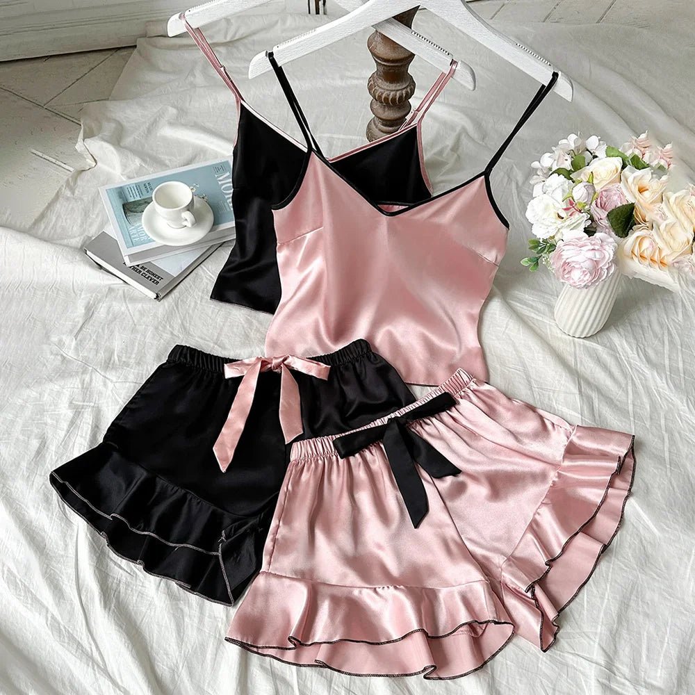 Women's Smooth Satin Pajamas V - Neck T-Shirt Ruffled Edges And Bow Shorts Simple And Breathable Pajama Set Sling Home Clothing - BACKUPMYFILESNOW