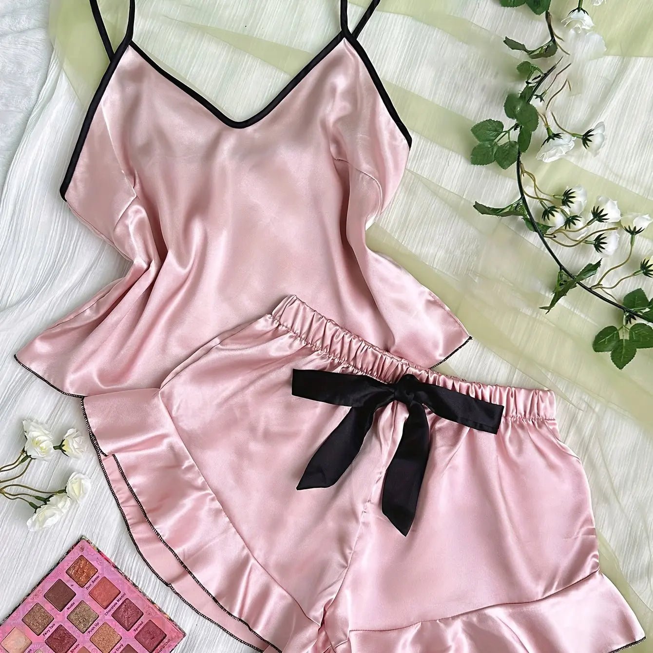Women's Smooth Satin Pajamas V - Neck T-Shirt Ruffled Edges And Bow Shorts Simple And Breathable Pajama Set Sling Home Clothing - BACKUPMYFILESNOW