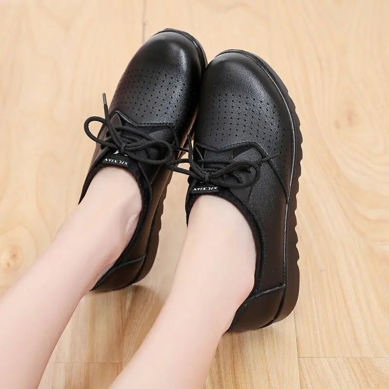 Women's Work Shoes, Flat Black Leather Shoes - BACKUPMYFILESNOW