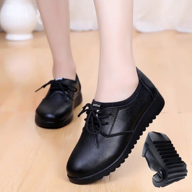 Women's Work Shoes, Flat Black Leather Shoes - BACKUPMYFILESNOW