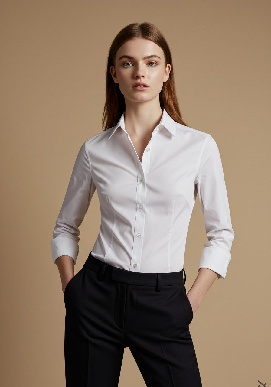 Women’s classic white fitted shirt by PAMONI, featuring a tailored design and crisp fabric, perfect for casual or professional wear.