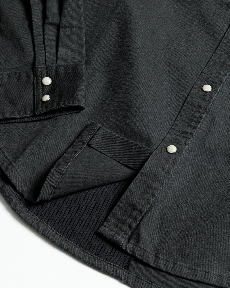 Off The Grid Surplus Earl Vintage Black denim long sleeve shirt with woven black fabric and classic design.