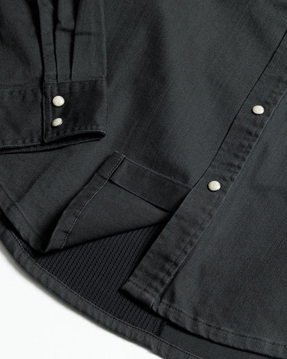 Off The Grid Surplus Earl Vintage Black denim long sleeve shirt with woven black fabric and classic design.