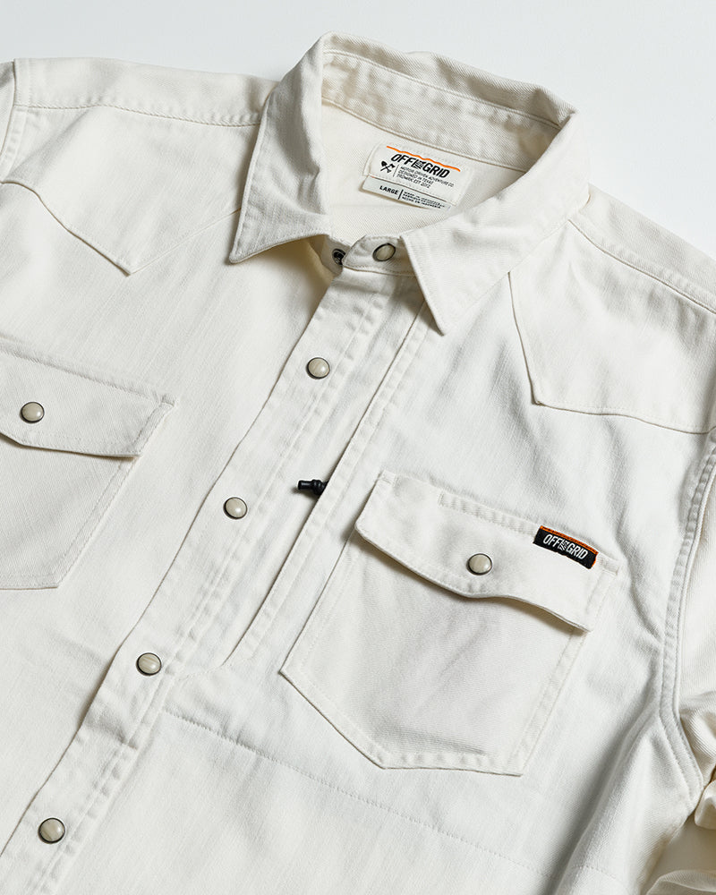 Off The Grid Surplus Earl Denim Shirt in natural with long sleeves, woven white fabric, and classic denim design.