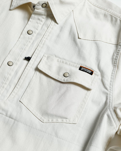 Off The Grid Surplus Earl denim long sleeve shirt in natural woven white fabric, casual and stylish for everyday wear.