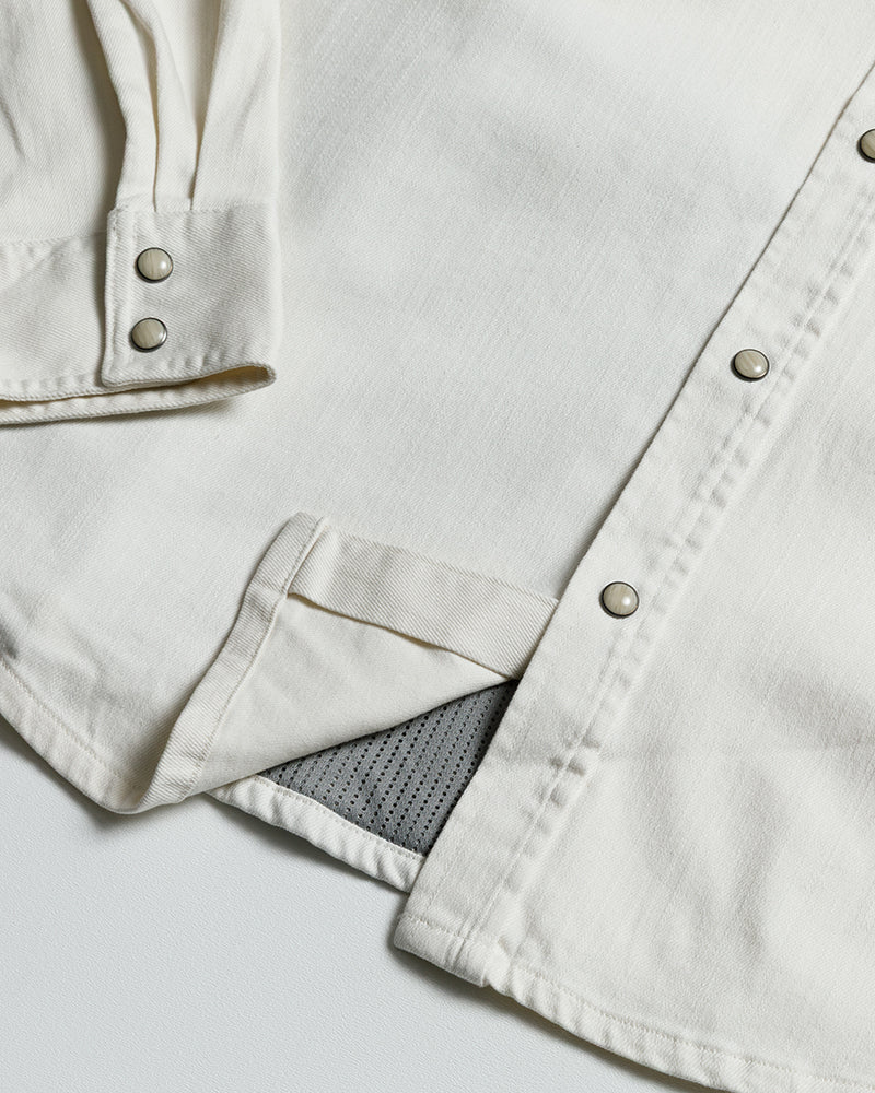 Off The Grid Surplus Earl Denim Shirt in natural color, long sleeve woven denim shirt shown in white with detailed stitching.