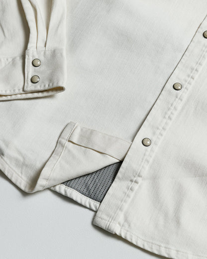 Off The Grid Surplus Earl Denim Shirt in natural color, long sleeve woven denim shirt shown in white with detailed stitching.