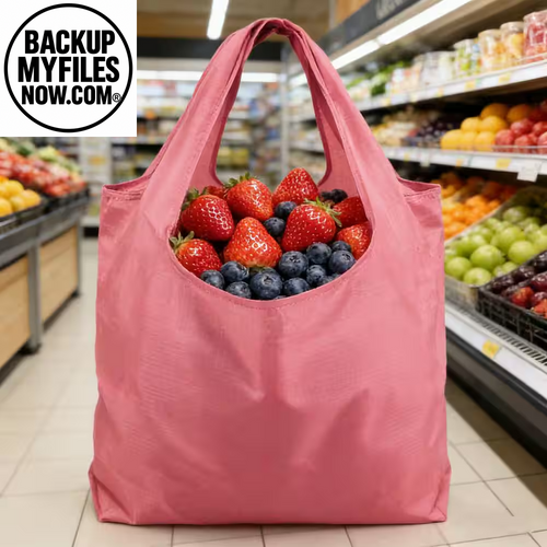 Ten pink reusable grocery bags by Wudkey with storage pouches and elastic bands, ideal for eco-friendly shopping and bulk use.