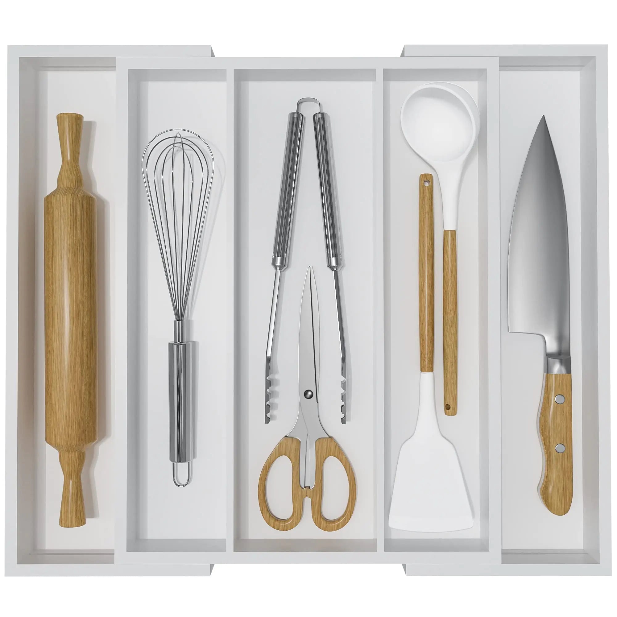 WUSHIZHUHUN Utensil Organizer for Kitchen Drawers - Bamboo Silverware Tray Expandable 5 Slots Drawer Organizer for Office and Pantry Supplies W13.7 - 19.9" x L17.6 X H2.5 (White) - BACKUPMYFILESNOW