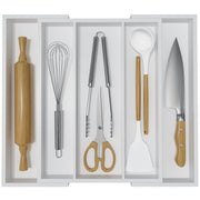 WUSHIZHUHUN Utensil Organizer for Kitchen Drawers - Bamboo Silverware Tray Expandable 5 Slots Drawer Organizer for Office and Pantry Supplies W13.7 - 19.9" x L17.6 X H2.5 (White) - BACKUPMYFILESNOW
