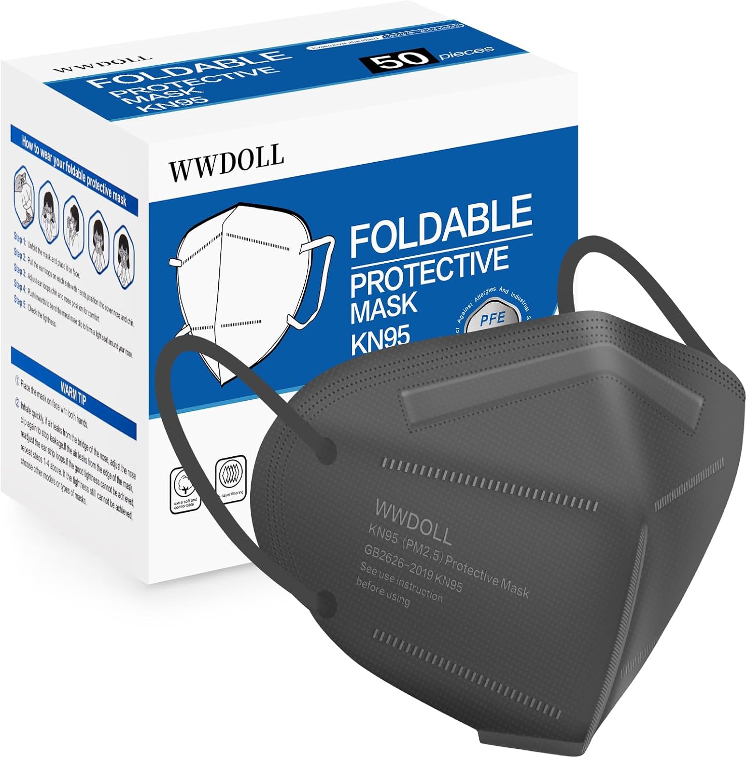 WWDOLL KN95 Face Masks 50 Pack, 5 - Layer Breathable Disposable Respirator Mask for Adult Black - BACKUPMYFILESNOW