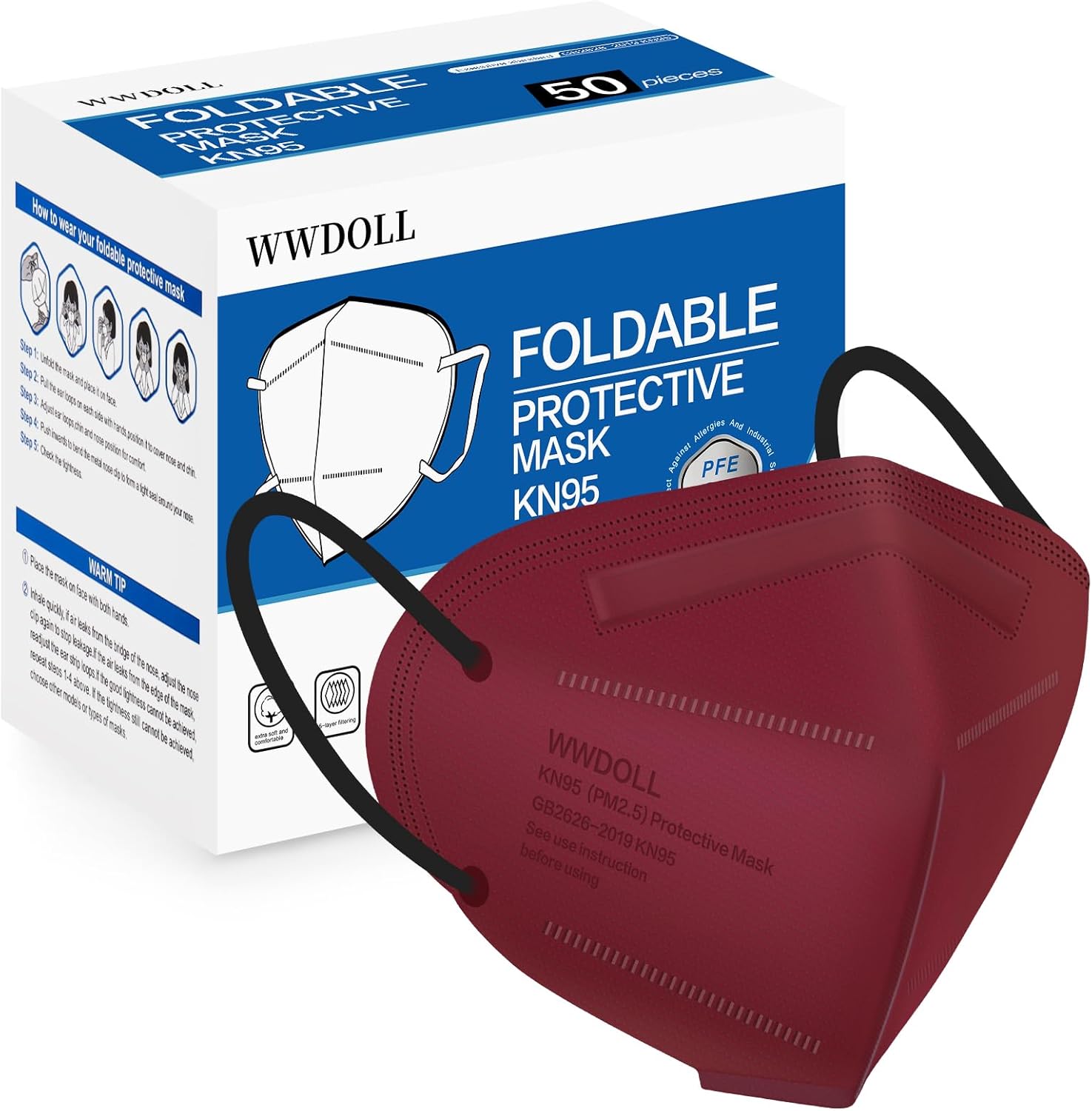 WWDOLL KN95 Face Masks 50 Pack, 5 - Layer Breathable Disposable Respirator Mask for Adult Black - BACKUPMYFILESNOW