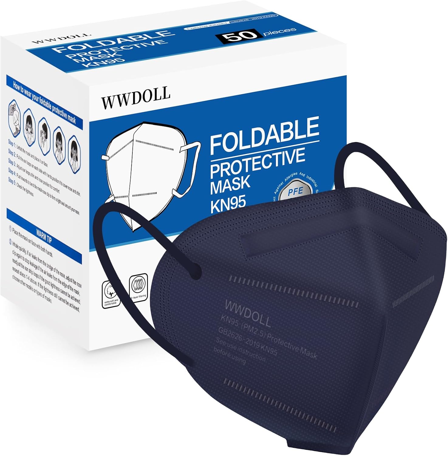 WWDOLL KN95 Face Masks 50 Pack, 5 - Layer Breathable Disposable Respirator Mask for Adult Black - BACKUPMYFILESNOW