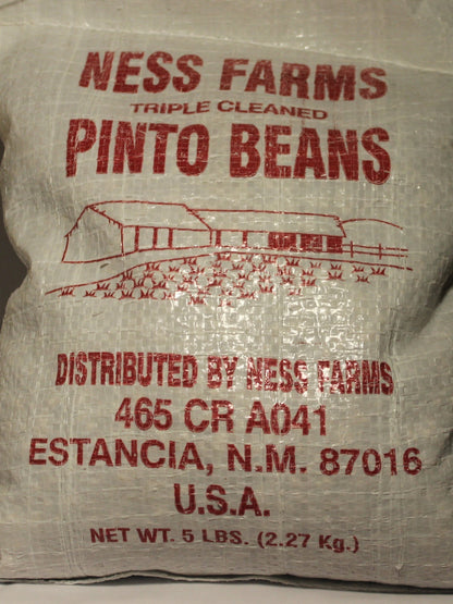Bag of Ness Farms Pinto Beans in a 5 lb package showing tan and reddish beans, fresh and ready for cooking.