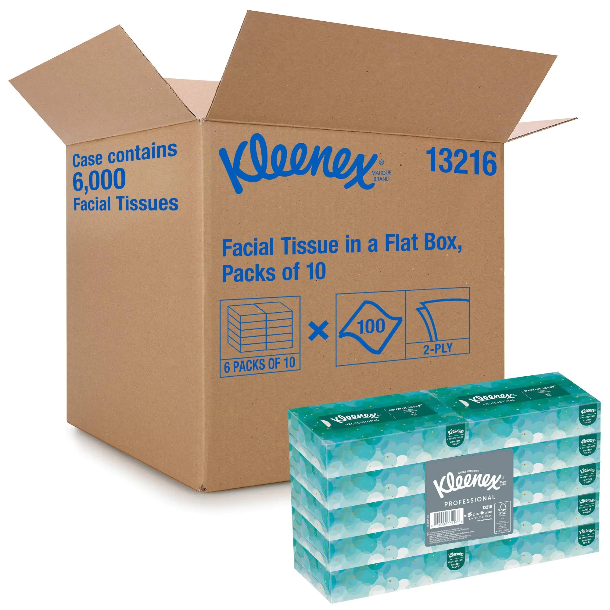 Kimberly-Clark Kleenex 13216 Facial Tissue 2" Height x 4.75" Width x 8.875" Length White (60 Boxes of 100 tissues) (total 6000 tissues)"