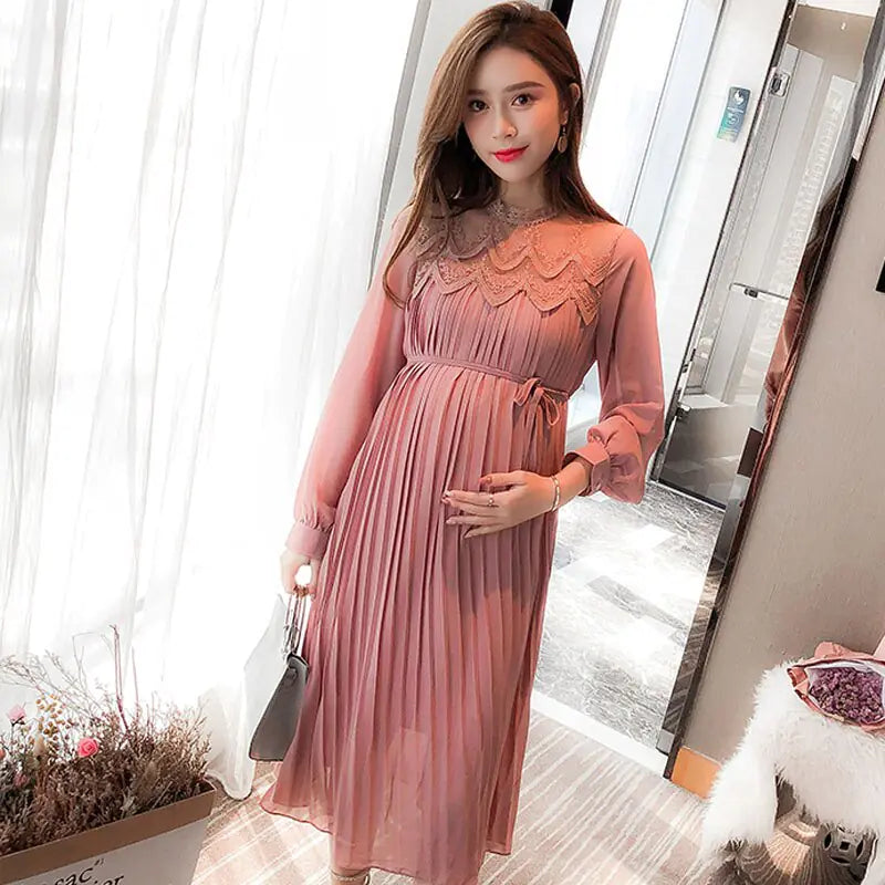 Chic Maternity Dress - Long Sleeve Pleated Chiffon