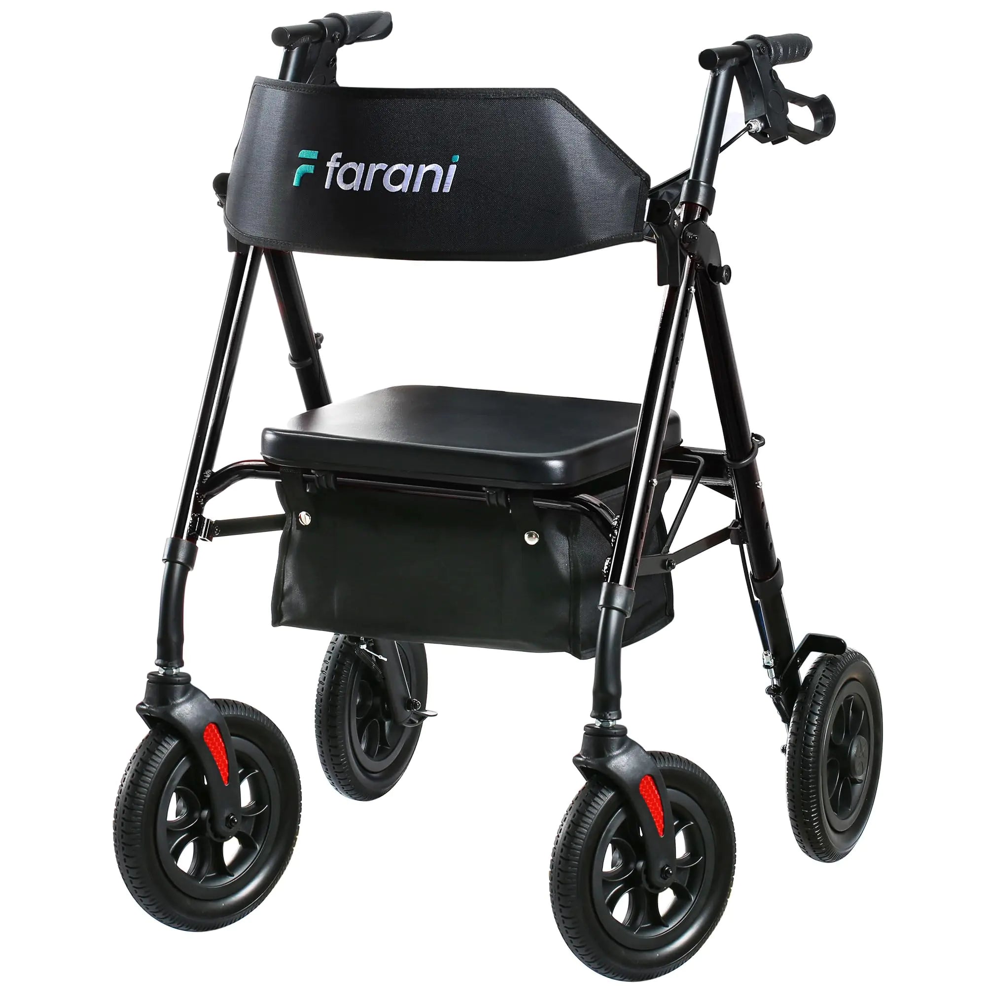 Farani All Terrain Rollator Walker with Seat- 10" Non-Pneumatic Tires Cushion Seat & Padded Backrest Ergonomic Dual Height Adjustable Handles and Seat Foldable Aluminum Walkers for Seniors Black