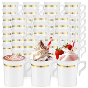 Baderke 48 Pcs Disposable Coffee Mugs with Rim 8 oz Coffee Mugs with Handle Disposable Tea Cups Espresso Beverage Plastic Coffee Cups with Handle for Wedding Cafe (WhiteGold)