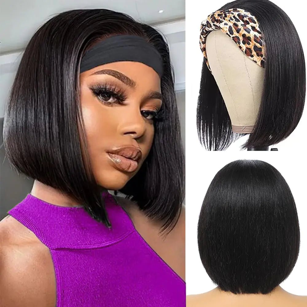 XC CLOUDS Headband Wigs Human Hair 10 Inch Bob Headband Wigs For Black Women Wear And Go Short Bob Wigs Glueless Wigs Human Hair Natural Black Headband Wig Human Hair Straight 150% Density.