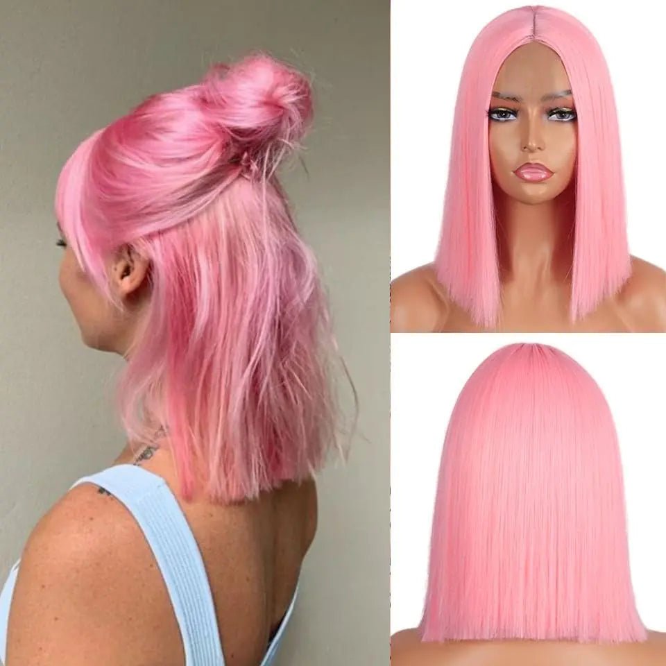 XC CLOUDS Pink Bob Wigs Glueless Straight Wigs For Women Synthetic Heat Resistant Fiber Hair Long Bob Wig Middle Part Pink Bob Wigs Medium Length Wigs For Women 16inch(Pink) - BACKUPMYFILESNOW