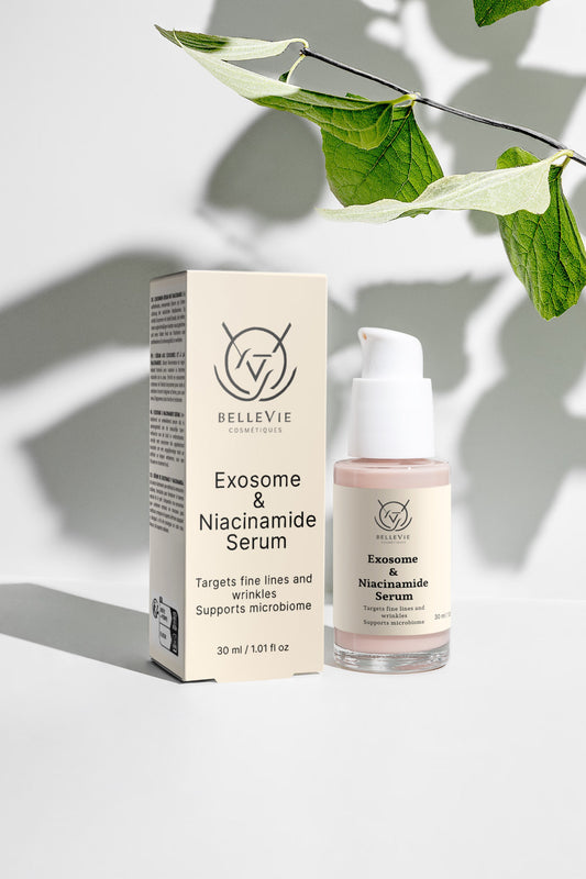 Belleviecosmetic Exosome and Niacinamide serum in a 30ml bottle, promoting skin renewal, barrier repair, and radiance.