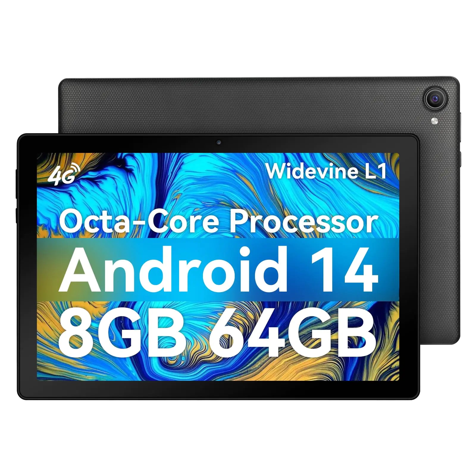 Eksvefot Android 14 Tablet Octa-Core 10 inch Tablet 8GB RAM+64GB ROM (Expand to 1TB) Android Tablet with Bluetooth 5.3 WiFi 6 5MP+8MP Dual Camera Face ID 4G Dongle Wireless Internet (Black)