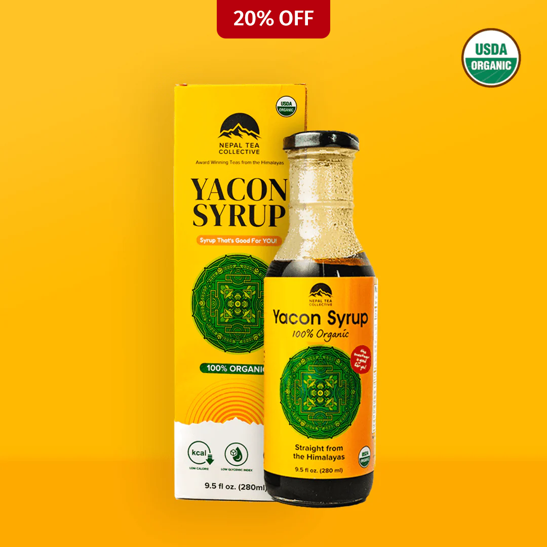 Organic Nepal Tea Yacon Syrup bottle with a dark syrup inside, highlighting natural and healthy sweetness.