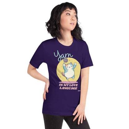 Black heather "Yarn is My Love Language" T-shirt by Darn Good Yarn, featuring a casual fit with yarn-themed graphic design.
