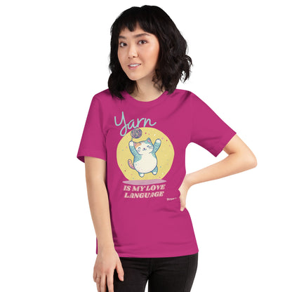 Black Heather "Yarn is My Love Language" T-Shirt by Darn Good Yarn featuring yarn-themed graphic on soft cotton fabric.