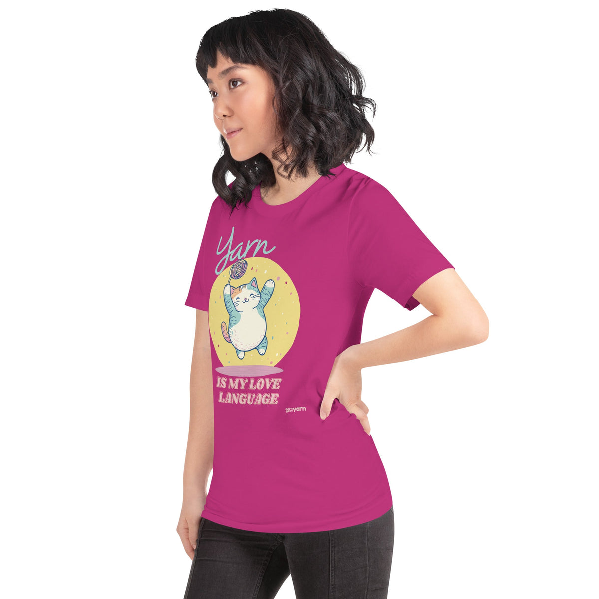 Black Heather "Yarn is My Love Language" T-shirt by Darn Good Yarn, featuring a casual fit and yarn-themed graphic design.